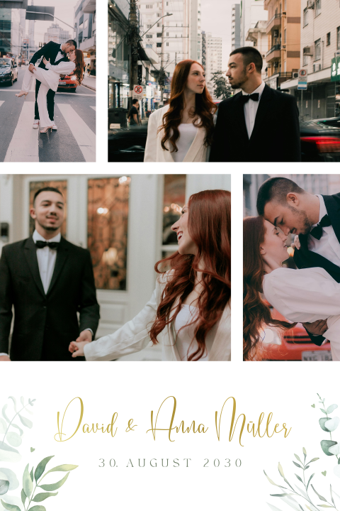 Dankeskarte Hochzeit mit Fotocollage, Goldfolie und Aquarell zweigen