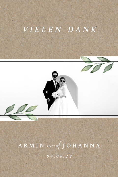 Danksagung Hochzeit mit stilvollem Rand und grünen Zweigen