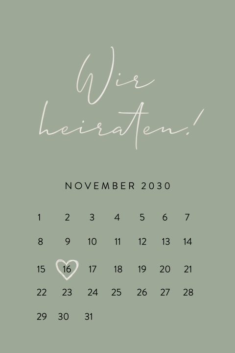 Hochzeitskarte Grün mit Kalenderblatt und weißer Schrift