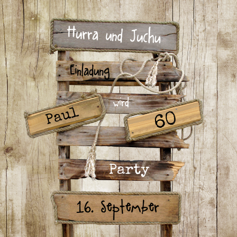 Enladungskarte mit coolem Wegweiser und Holzhintergrund 60 Jahre