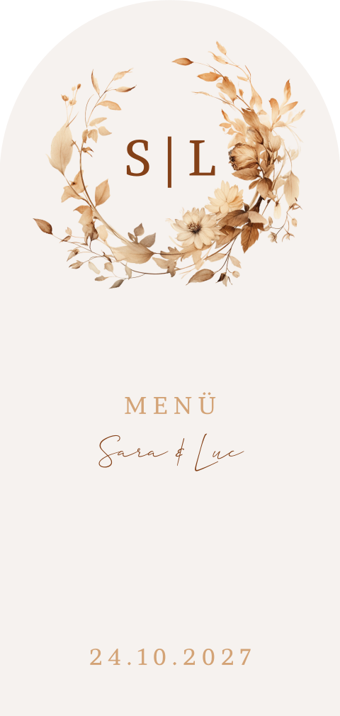 Elegante Menükarte mit hellem Hintergrund, Initialen und Blumenkranz