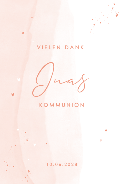 Dankeskarte zur Kommunion mit zarten Rosatönen und Aquarell Look