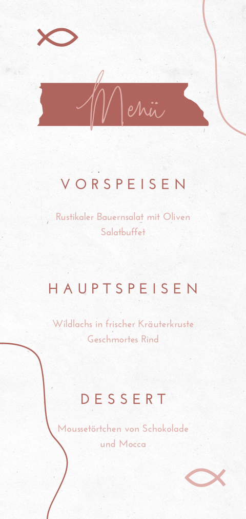 Menükarte zur Taufe mit Ichthys Fischen und rot