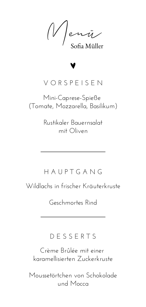 Moderne Menükarte mit Linien und Herz