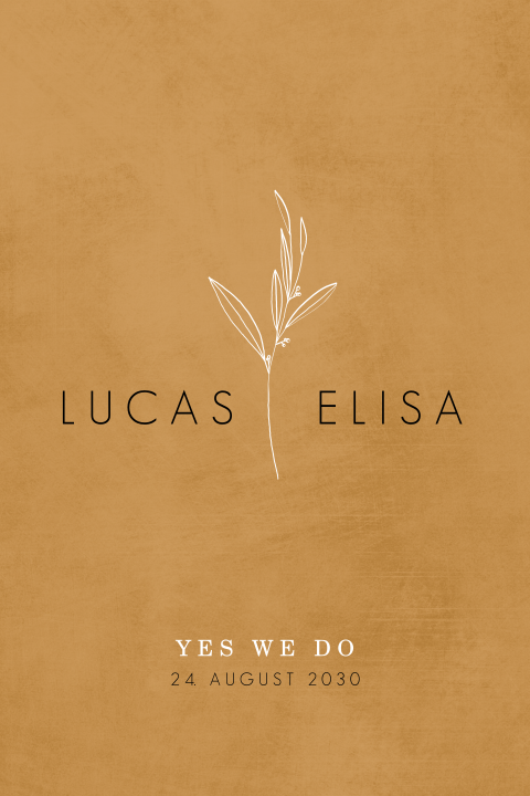 Hippe ockerfarbene Hochzeitskarte mit Blumenzweig