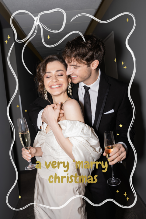         Weihnachtliche Dankeskarte zur Hochzeit mit Foto, Schleife und Goldfolie
