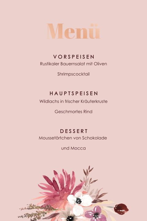 Schöne Menükarte mit Blumen und Roségoldfolie