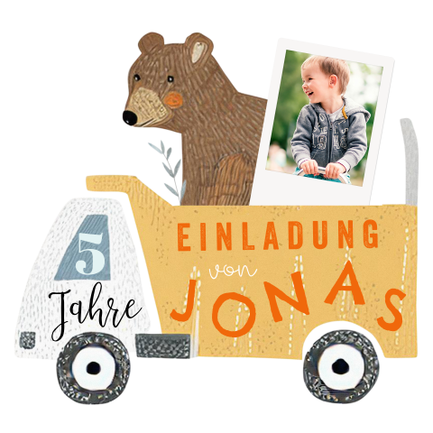 Kindergeburtstag Einladung Lastwagen mit Bär und Foto