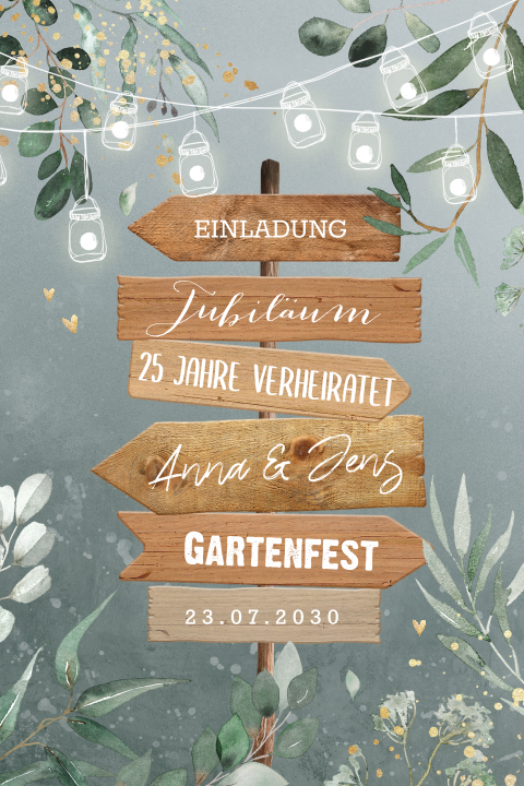 Einladung zur silbernen Hochzeit mit Lichterkette und Wegweiser