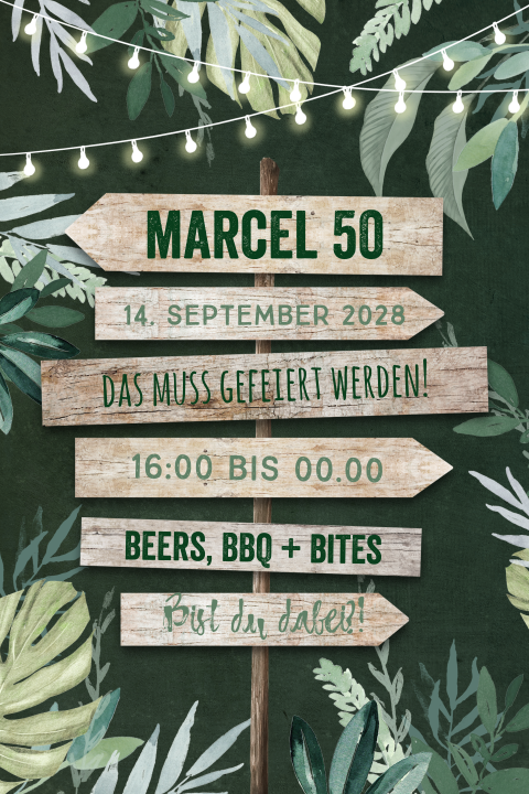 Auffällige Geburtstagseinladung zur Gartenparty mit Lichterketten