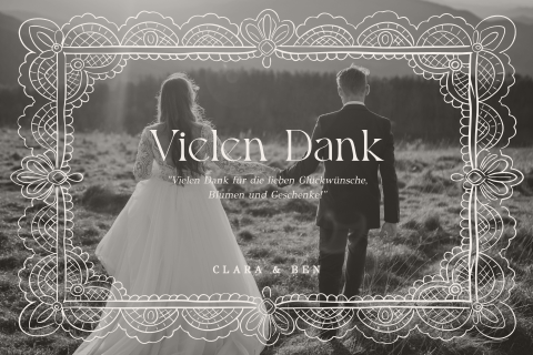 Vintage Dankeskarte zur Hochzeit mit Foto und verspielten Spitzendetails