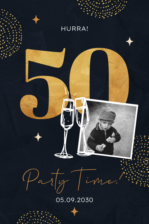 Einladung zum 50. Geburtstag mit Goldelementen und Foto
