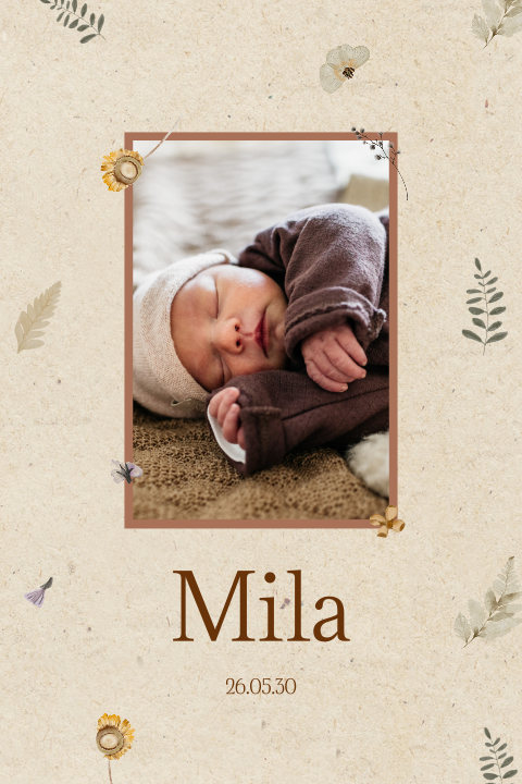 Herbstliche Geburtskarte mit Trockenblumen und Blättern