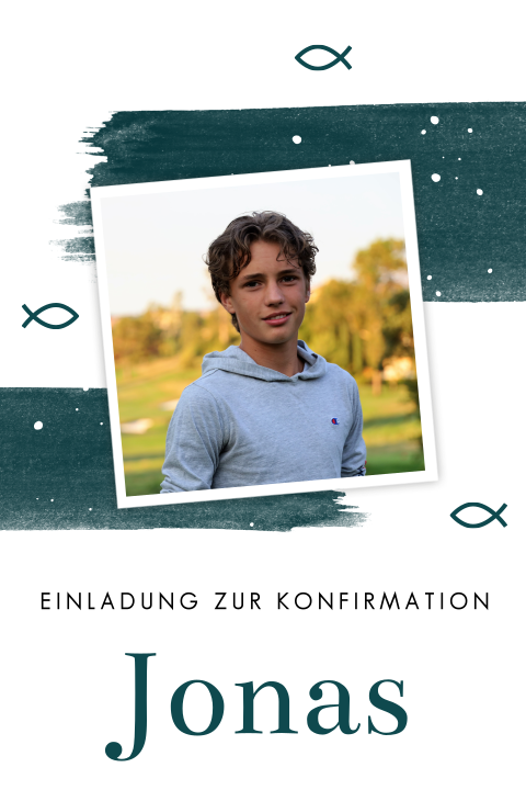 Moderne Konfirmationskarte mit Fischen, Aquarell und runden Ecken