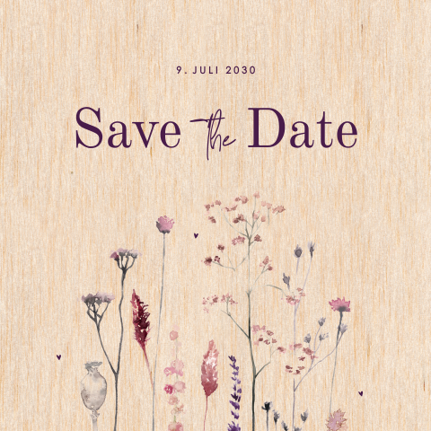 Hübsche Save the date Karte auf Holz mit Aquarell Blumen