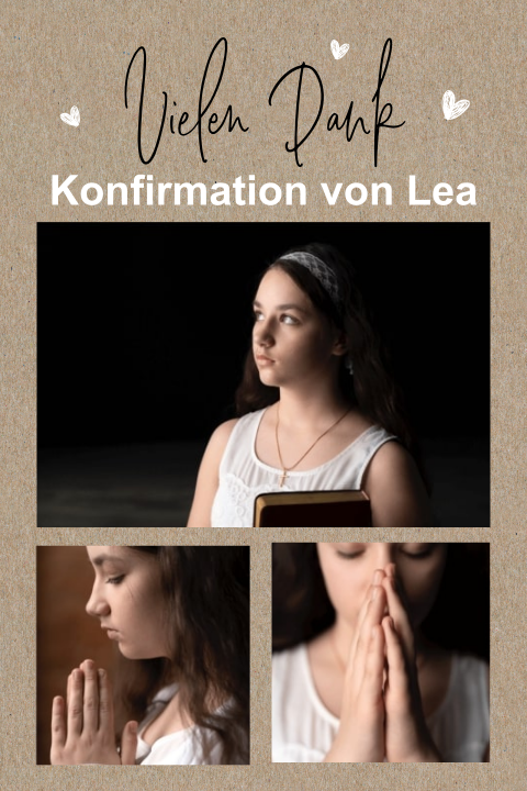Kraftlook-Dankeskarte Konfirmation mit drei Fotos und Herzen