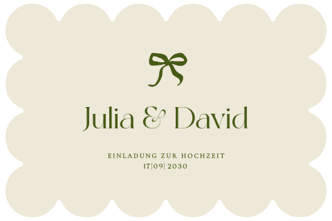 Elegante Hochzeitseinladung in Grüntönen mit Schleife und gewelltem Rand 