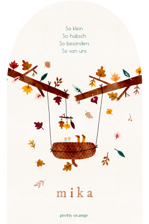 Süße Geburtskarte im Herbststil mit Wiege, Ästen und Blättern