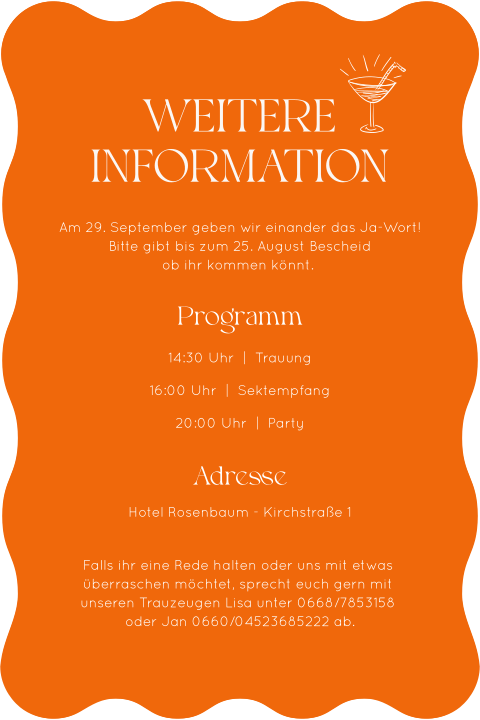 Farbenfroher Einleger in Orange mit welligem Rand und weißer Schrift