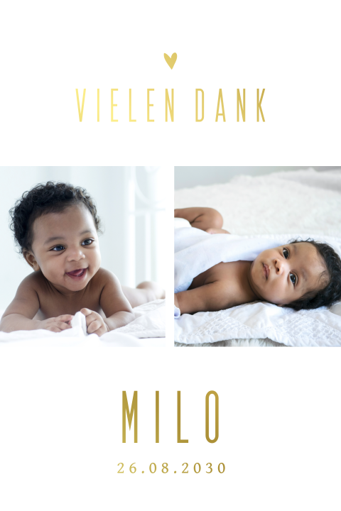 Schlichte Danksagungskarte Geburt mit Fotos und schickem Foliendruck