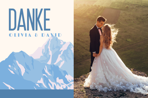 Dankeskarte Hochzeit im Retro Filmplakat Look mit Bergmotiv