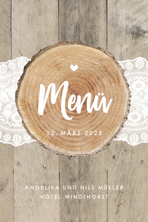 Menükarte mit Spitze und robustem Holz-Look