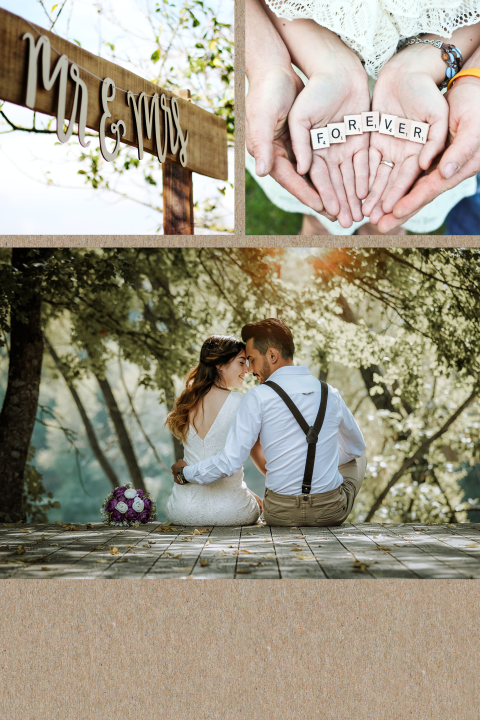 Kraftlook Hochzeitskarte im Hochformat mit drei Fotos