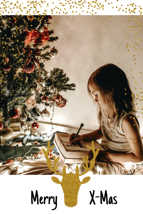 Hippe Weihnachtskarte mit goldenem Rentier und Glitter