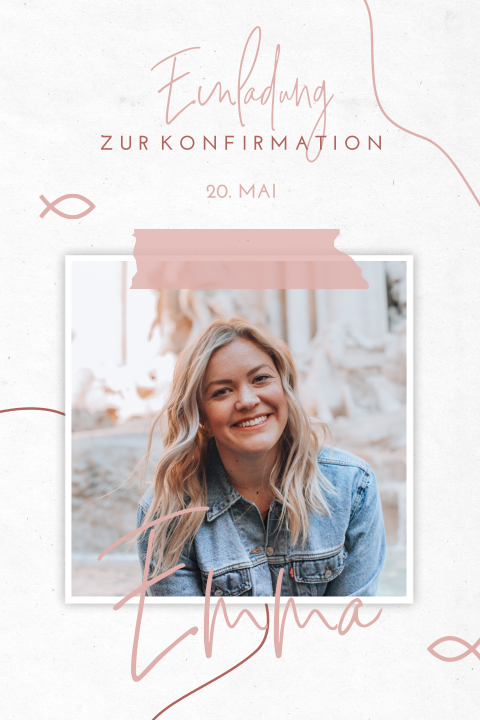 Schöne Konfirmationskarte in Rosa mit eigenem Foto und Fischen