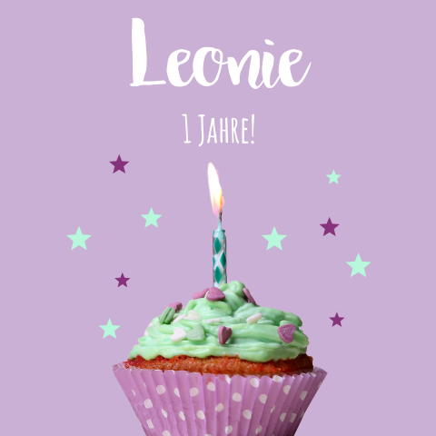 Einladungskarte zum ersten Geburtstag mit Cupcake mit einer Kerze