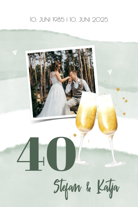 Einladung zum 40. Jahrestag mit Sektgläsern und grüner Aquarellfarbe