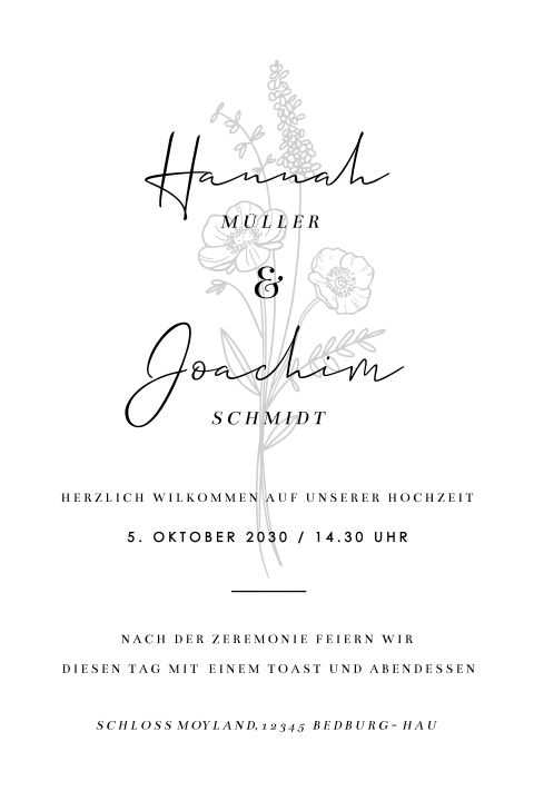 Minimalistische Hochzeitskarte Hochformat mit Blumen und Zierschrift