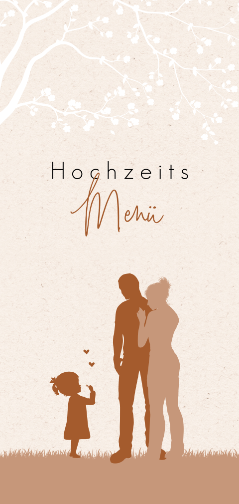 Natürliche Menükarte im Terracottaton mit kleiner Familienzeichnung