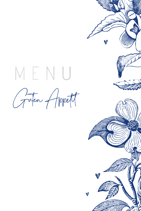 Menükarte mit blauen Blumen und Silberfolie