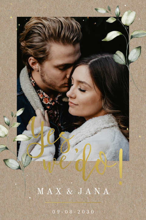 Hochzeitskarte mit Kraftlook, Eukalyptus und Goldfolie