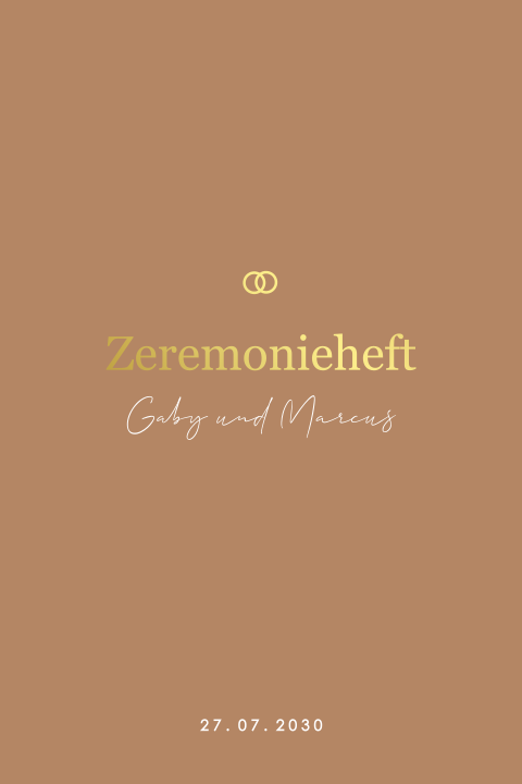 Zeremonieheft in Braun mit goldener Schrift und Ringen