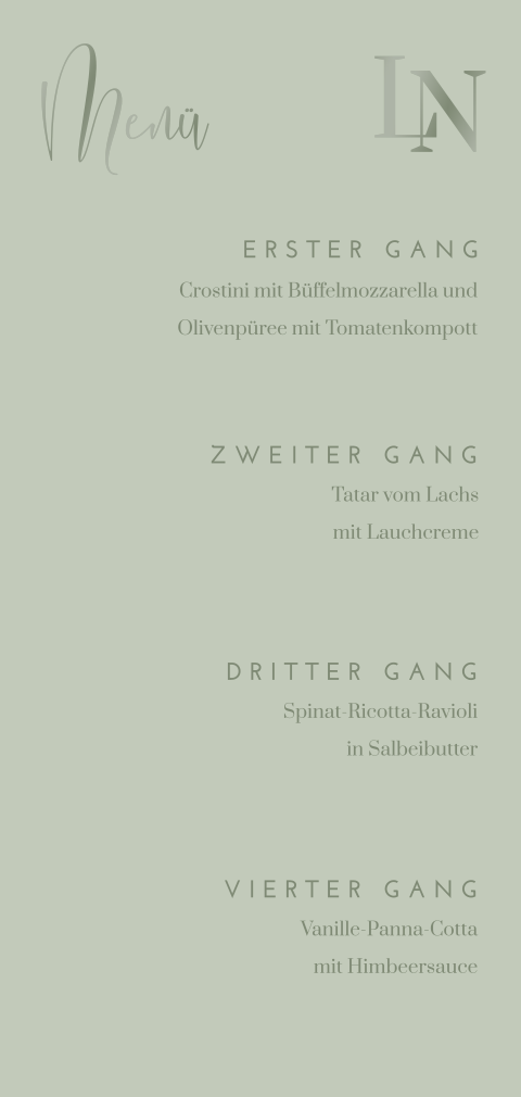 Grüne minimalistische Menükarte Hochzeit mit Hochglanz