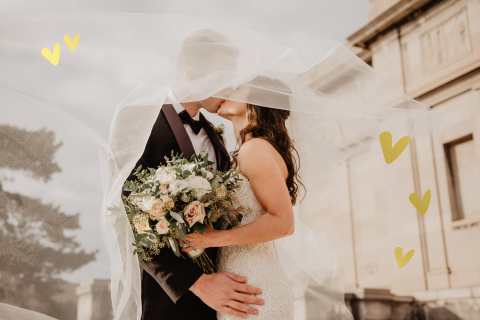 Stilvolle Wir haben geheiratet-Fotokarte mit Goldfolie-Herzen