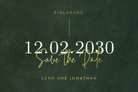 Goldfolie Save the date Karte mit dunkelgrünem Hintergrund