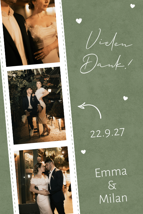 Hochzeit Dankeskarte Grün mit Fotostreifen auf Tafel