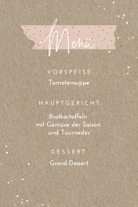 Menükarte im Kraft-Look mit rosa Klebestreifen mit Punkten