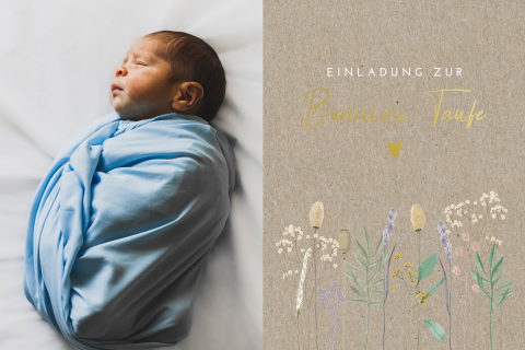 Kraft-Look Taufkarte mit Foto und Goldfolie