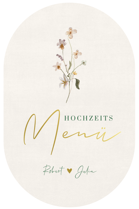 Ovale Menükarte mit Aquarellfeldblumen und Goldfolie