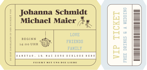 Originelle Hochzeitskarte als VIP-Ticket mit festlichen Illustrationen