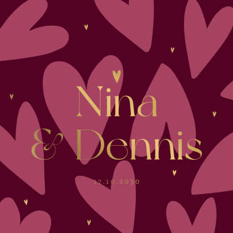 Romantische Hochzeitskarte Rot und Rosa mit Herzchen und Mattgoldfolie