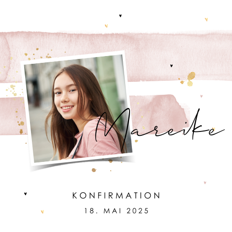 Moderne Einladung zur Konfirmation mit Foto und rosa Aquarell Strichen