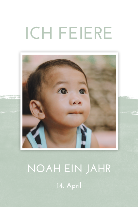 Einladung für einen Kindergeburtstag mit grünem Aquarell und Foto