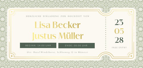 Mediterrane Einladung zur Hochzeit in Ticketform mit Foliendruck