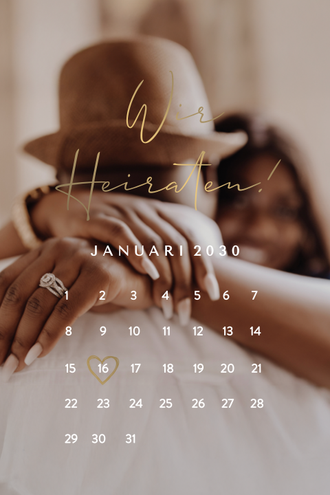 Hochzeitskarte mit Foto, Kalenderblatt und Mattgoldfolie
