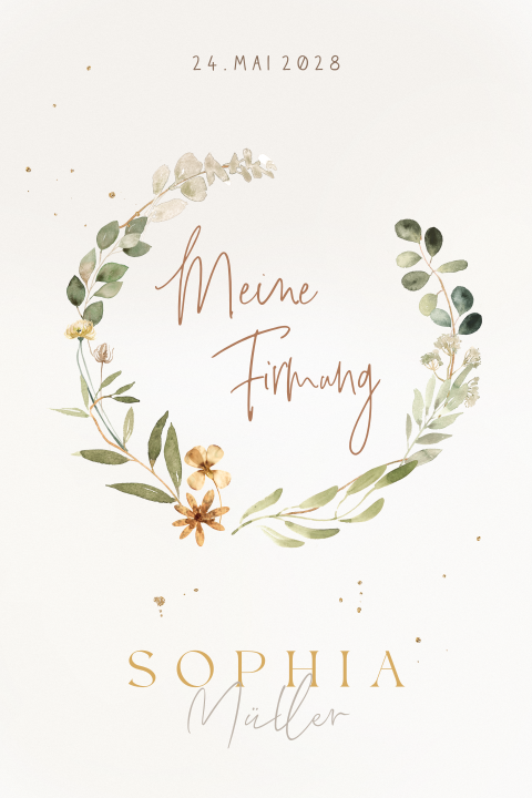 Stilvolle Einladung zur Firmung mit Blumenkranz und Foto